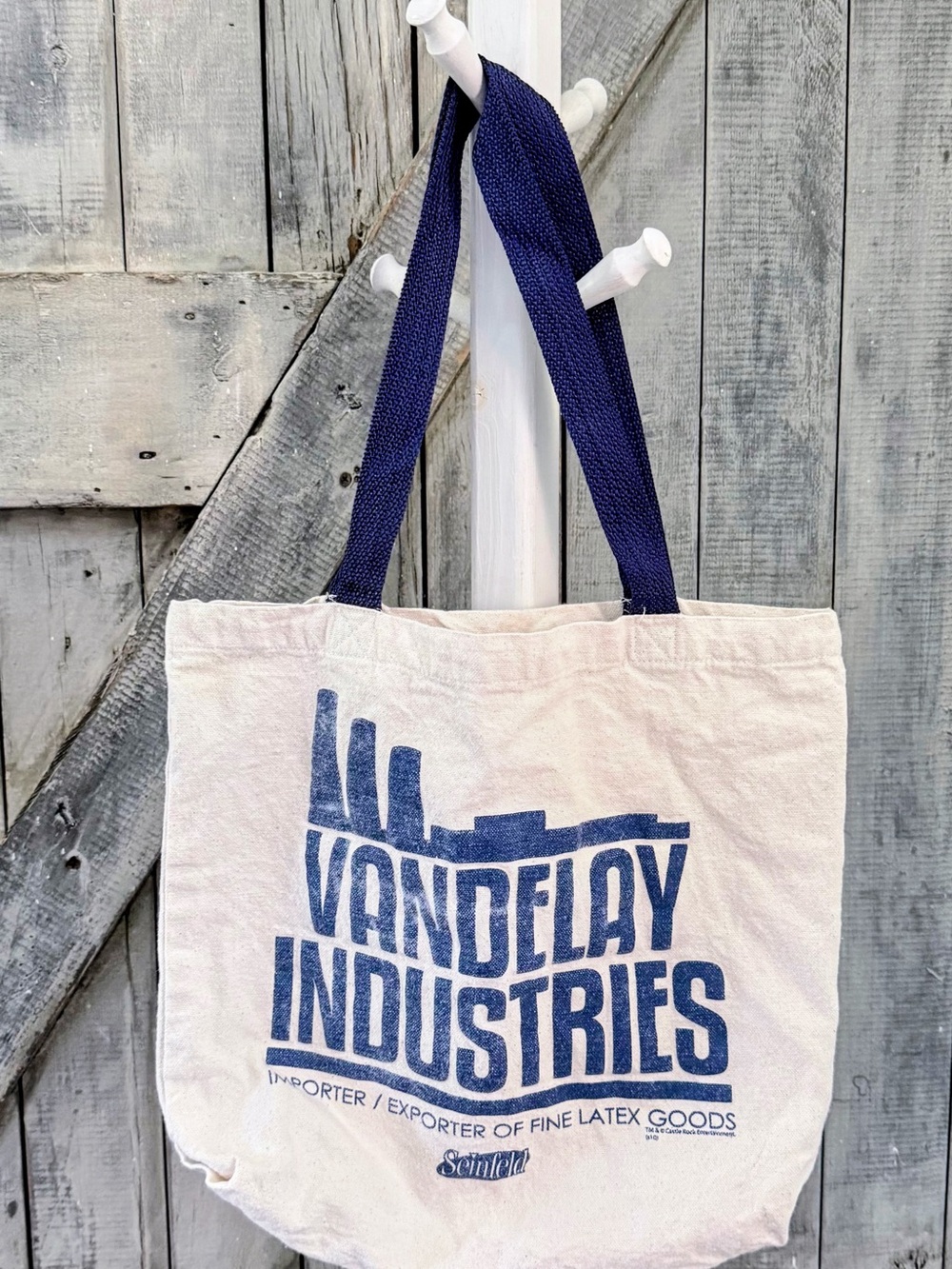 Seinfeld Vandelay Industries Cream Canvas Tote with Blue Print